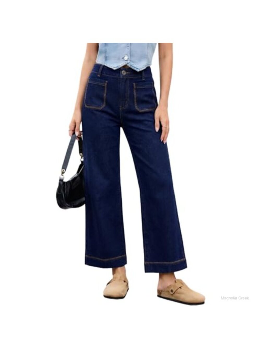 Wide Leg High Waisted Cropped Ankle Stretchy Straight Leg Denim Jeans
